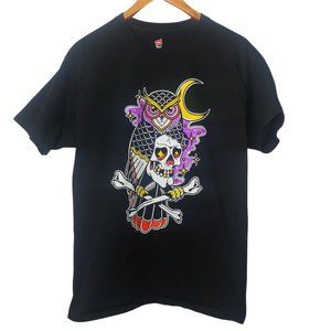 Owl Skull Crossbones R Morrow Art Graphic Men's L T Shirt Hanes Black Moon Stars